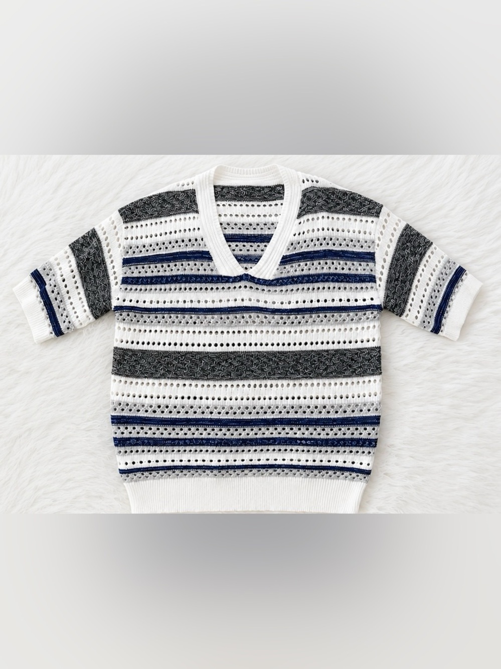 White Open Knit Striped Sweater Top